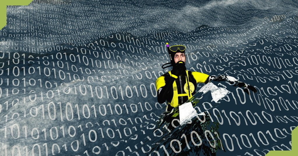 Man swimming in scuba gear in binary computer code to illustrate data lake architecture