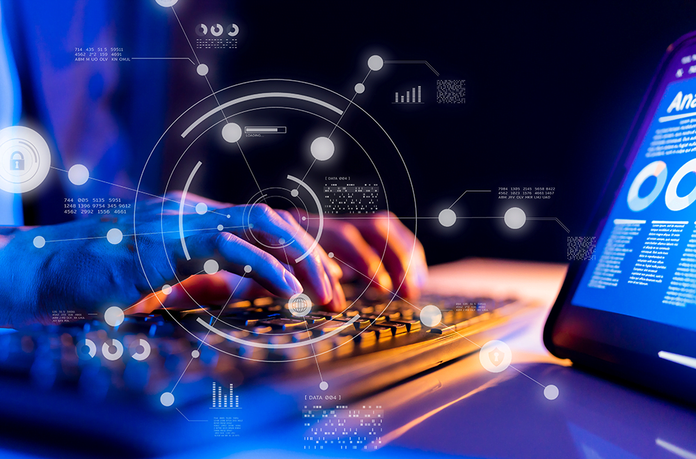 Hands typing to search for big data analytics software results and solutions