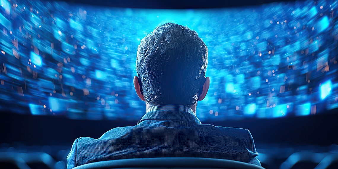 Person sitting in theater, gazing at large screen filled with dynamic blue visuals, creating immersive experience